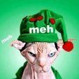 Rating icon. A hairless cat is wearing a santa hat and a sour expression. On the hat reads: meh.